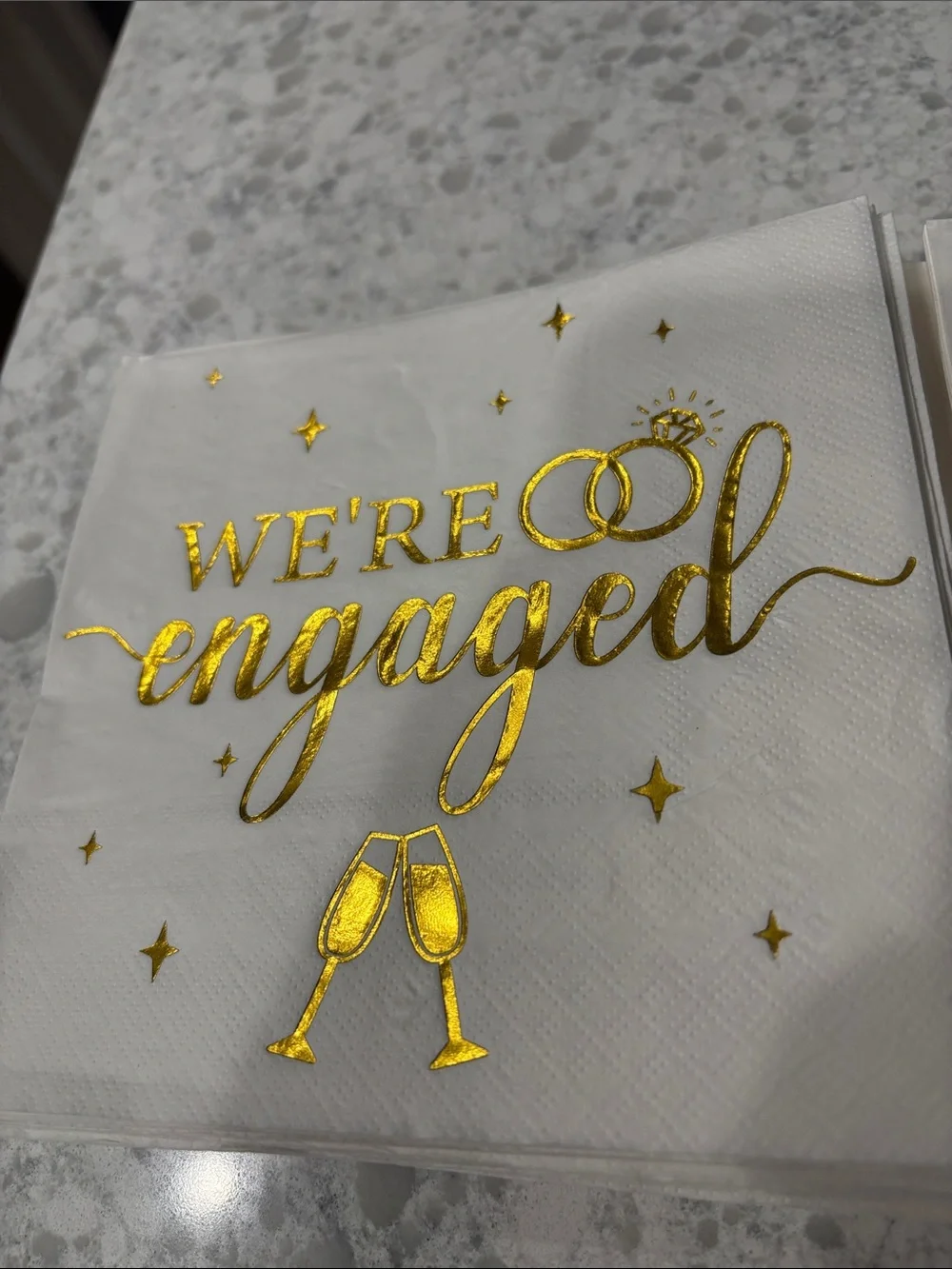 New set of 75 “We’re Engaged” gold foil print 6.5” x 6.5” white napkins 3-ply